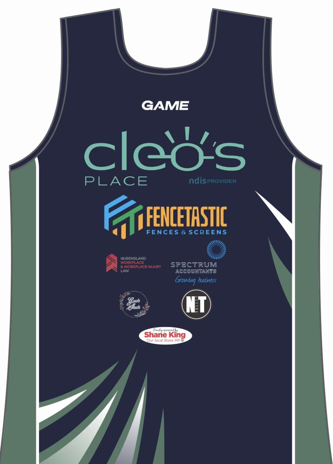 Sponsors on netball shirt, Cleos Place, Narangba Tavern, Fencetastic, Spectrum Accountants, Qld Workplace Law, Gem's Stems, Shane King MP
